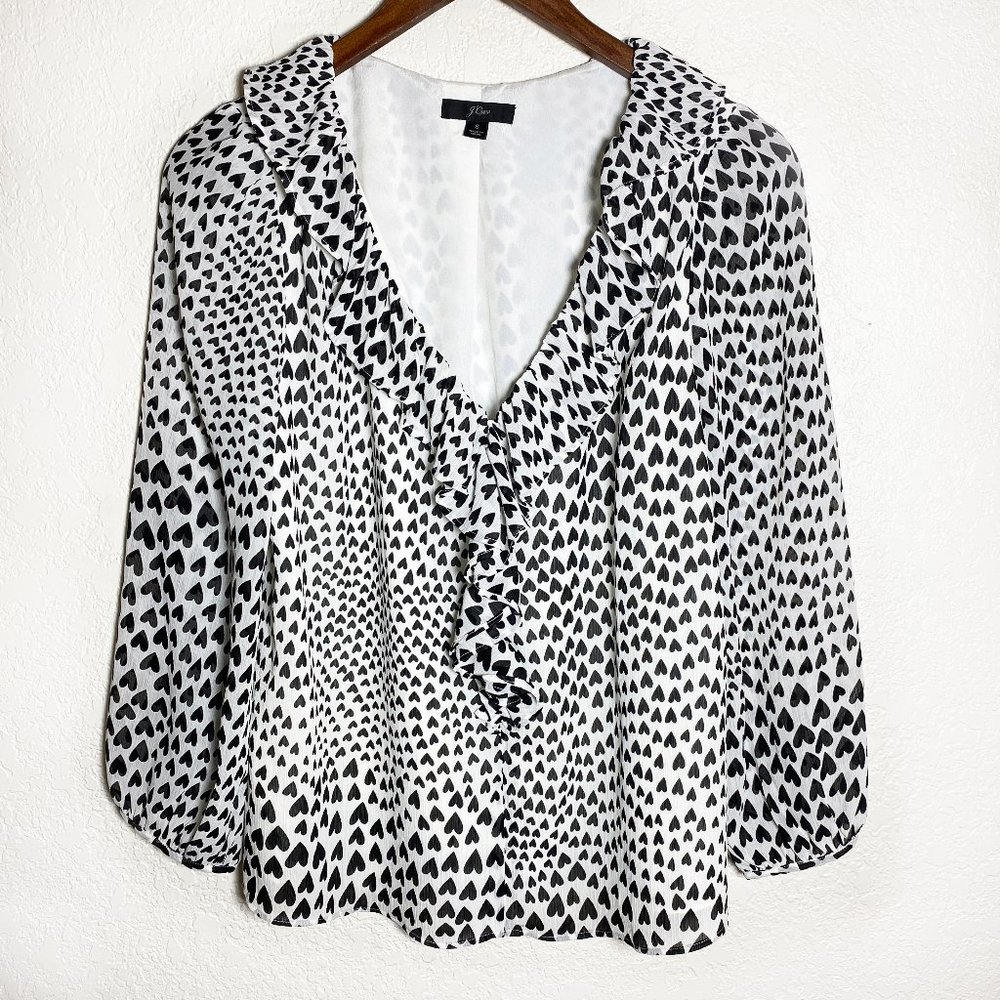 J. Crew Blouse Antique White w/ Black Hearts Print Ruffled V-Neckline S